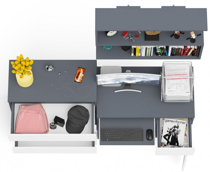 Мори Стол компьютерный МС-1 правый + Комод МК800.4 + Полка 900, цвет графит/белый, ШхГхВ 170,4х50х209,6 см., НЕ универсальная сборка