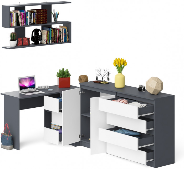 Мори компьютерный стол МС-16 правый + Комод МК1600.1 + Полка 1200, графит/белый