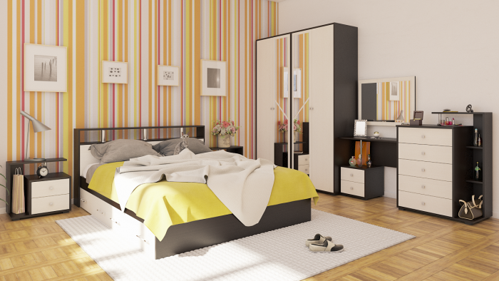 Камелия Кровать с ящиками 1600 + две тумбы, цвет венге/дуб лоредо, ШхГхВ 276х217х78,2 см., сп.м. 1600х2000 мм., без матраса, основание есть