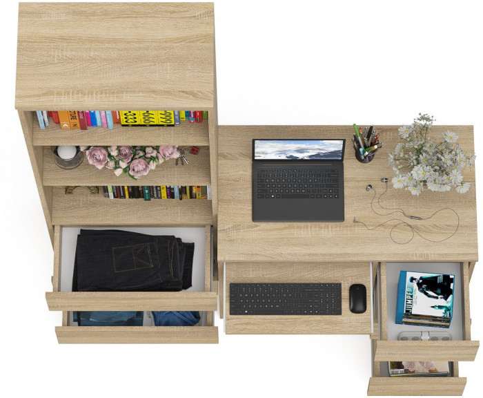 Мори Стол компьютерный МС-6 правый + Стеллаж МСТ600.3, цвет дуб сонома, ШхГхВ 150,4х50х179,6 см., выдвижные ящики справа, НЕ универсальная сборка