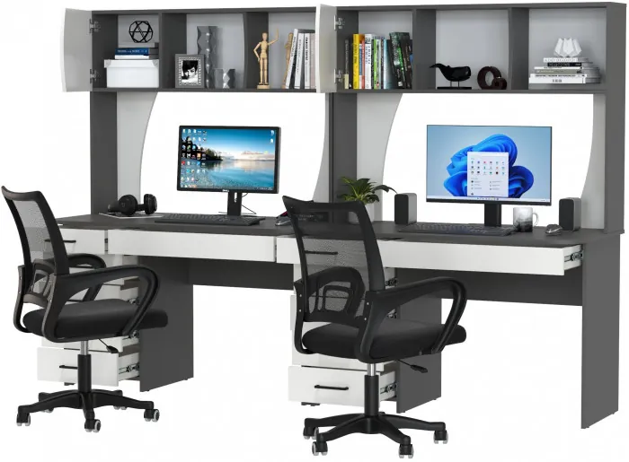 Два стола рабочих 6-0606 Сигма + два кресла 103 чёрных, цвет графит/белый, ШхГхВ 241х60,5х166 см., НЕ универсальная сборка