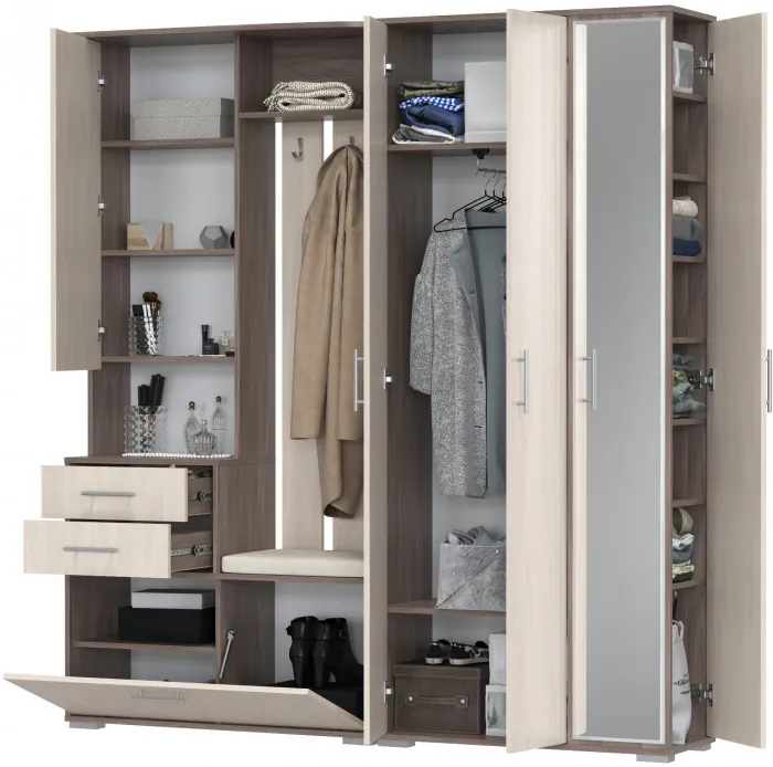 Прихожая Домино 5, цвет бодега тёмный/бодега светлый, ШхГхВ 188х36х202 см., универсальная сборка