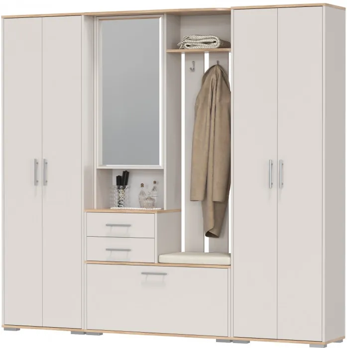 Прихожая Домино 4, цвет дуб крафт золотой/кашемир серый, ШхГхВ 220х36х202 см., универсальная сборка