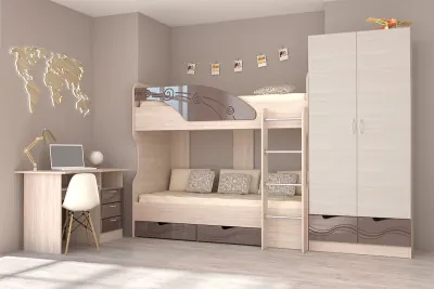Детская комната Бриз МДФ, набор 3, Ясень светлый/Шоколад (Волна)