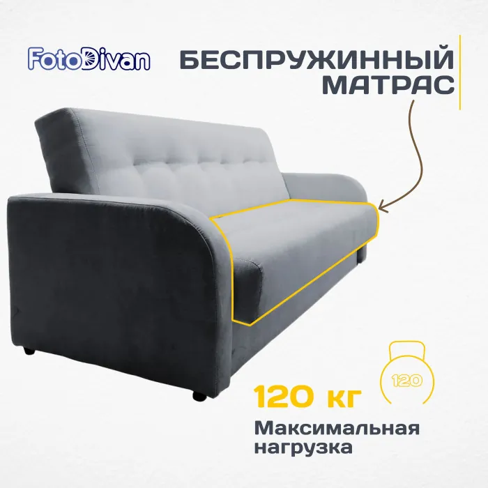 Раскладной диван-кровать, прямой, книжка, цвет серый, велюр, Лондон Люкс 140