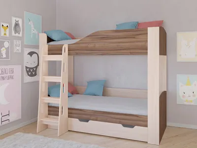 Кровать двухъярусная АСТРА 2 Дуб молочный/Орех с ящиком
