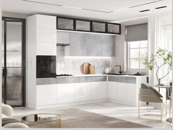 Кухня МДФ Оливия New 3000х1800 (Белый глянец / Мрамор золото, Белый)
