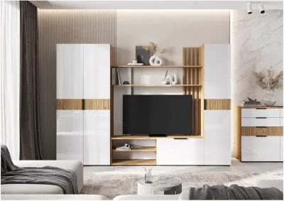 Модульная гостиная Роджина (Белый глянец, Дуб Крафт Золотой)