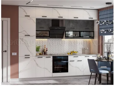 Кухня МДФ Техно 3,0 Компоновка №2 (Мрамор белый / Бетон графит, Белый)