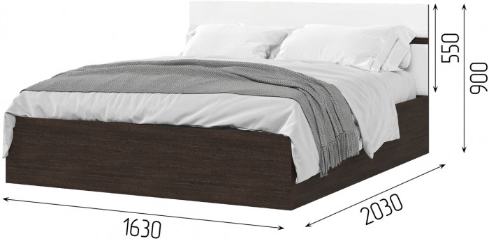 ЛИБЕРТИ КР 02 Кровать 1,6 (1632х900х2032) Фасад МДФ БЕЛЫЙ ГЛЯНЕЦ/Корпус ВЕНГЕ