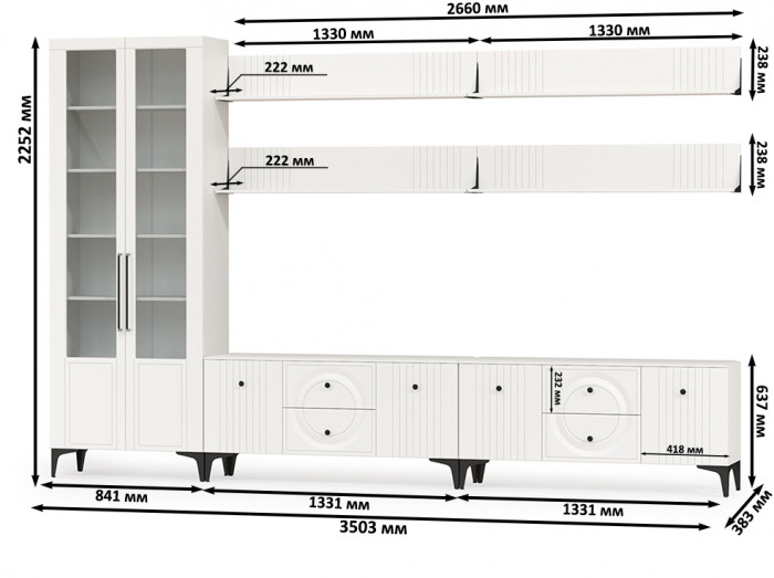 Валенсия Гостиная № 084, цвет ЛДСП белый шагрень/МДФ белый шагрень, ШхГхВ 350,3х38,3х225,2 см., универсальная сборка