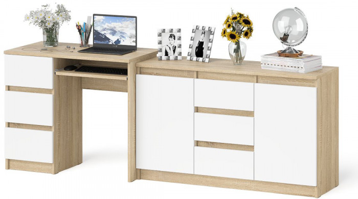 Мори Стол компьютерный МС-6 левый + Комод МК1200.3, цвет дуб сонома/белый, ШхГхВ 210,4х50х76,6 см., выдвижные ящики слева, НЕ универсальная сборка