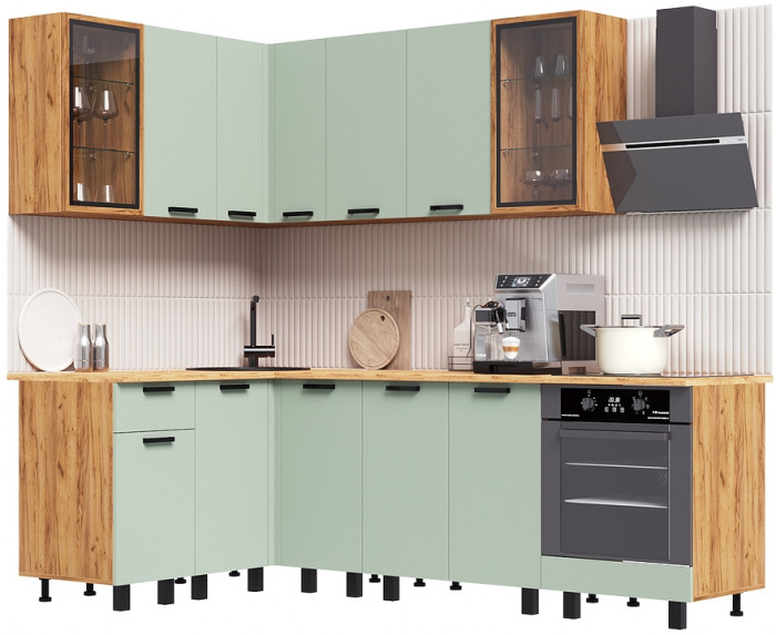 Кухня Техно 1,4х2,4м Компоновка №9, Крафт золотой/Олива софт