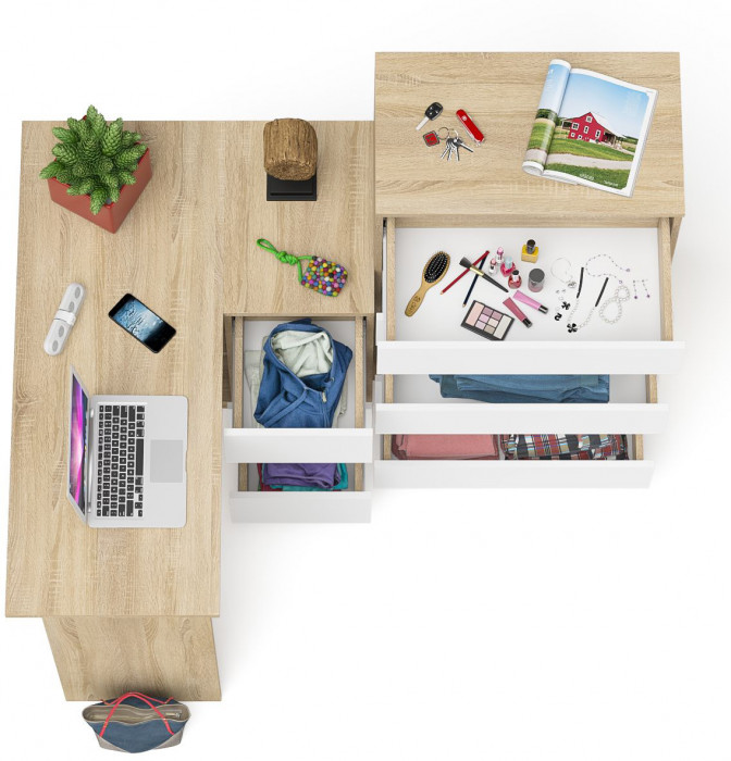 Мори Стол компьютерный МС-16 правый + Комод МК700.5, цвет дуб сонома/белый, ШхГхВ 194,8х84,9х114 см., выдвижные ящики справа, НЕ универс. сборка