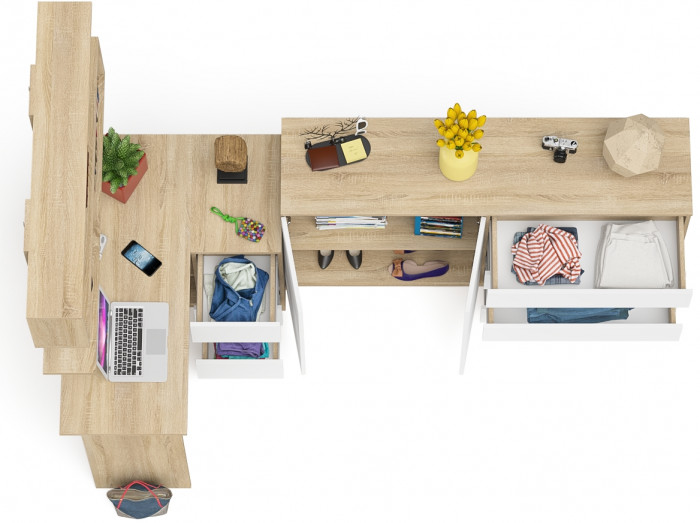 Мори компьютерный стол МС-16 правый + Комод МК1600.1 + Полка 1200, дуб сонома/белый