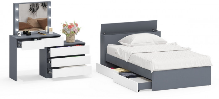 Ксения Кровать с ящиками 1200 + Стол косметический с подсветкой 110, графит/белый