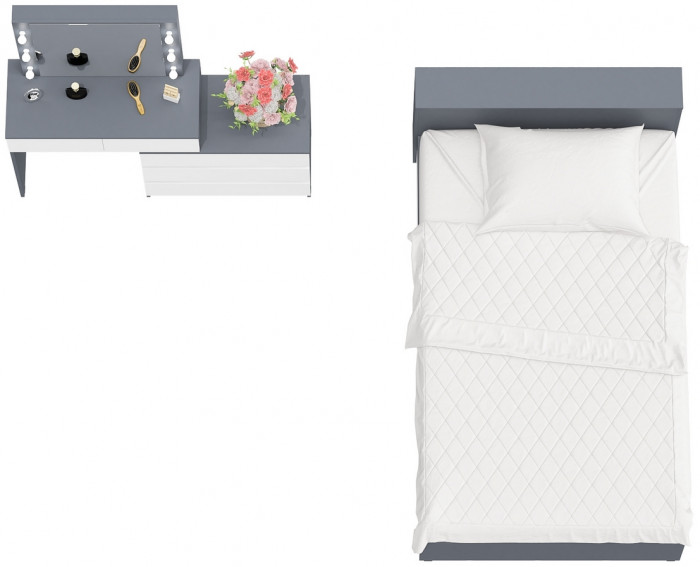 Ксения Кровать с ящиками 1200 + Стол косметический с подсветкой 110, графит/белый