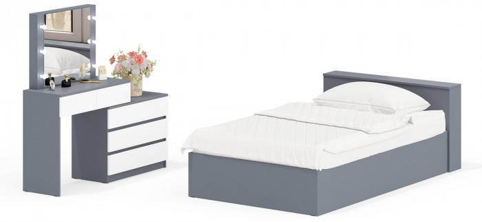 Ксения Кровать с ящиками 1200 + Стол косметический с подсветкой 110, графит/белый
