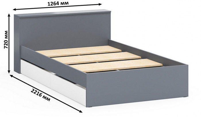 Ксения Кровать с ящиками 1200 + Стол косметический с подсветкой 110, графит/белый