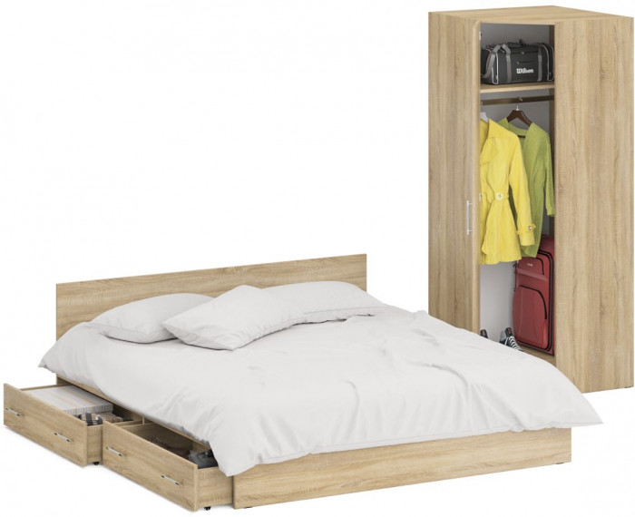 Кровать с ящиками 1800 + Шкаф угловой Стандарт, цвет дуб сонома, ШхГхВ 183,5х203,5х70 + 81,2х81,2х200 см., сп.м. 1800х2000 мм., б/м, основание есть