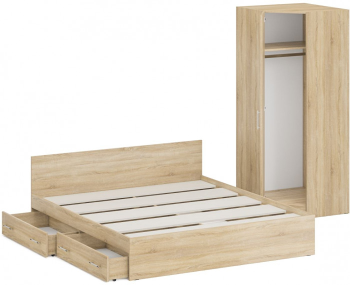 Кровать с ящиками 1800 + Шкаф угловой Стандарт, цвет дуб сонома, ШхГхВ 183,5х203,5х70 + 81,2х81,2х200 см., сп.м. 1800х2000 мм., б/м, основание есть