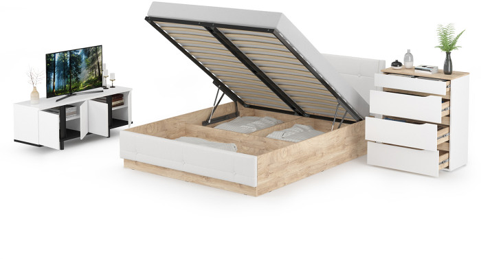 Муссон Кровать 11.28 + подъёмный ортопед + Комод 13.97 + Тумба ТВ 13.276, цвет белый/чёрный/дуб эндгрейн элегантный/кожзам белый, 1600х2000 мм., б/м