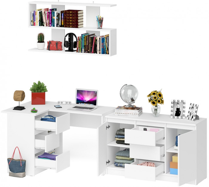 Мори компьютерный стол МС-16 левый + Комод МК1200.3 + Полка 1200, белый