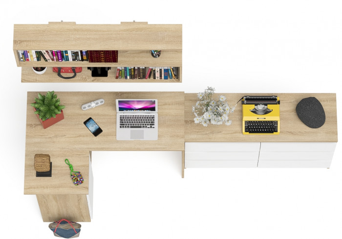 Мори компьютерный стол МС-16 левый + Комод МК1200.6 + Полка 1200, дуб сонома/белый