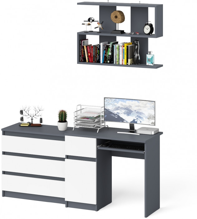 Мори Стол компьютерный МС-1 левый + Комод МК800.1 + Полка 900, цвет графит/белый, ШхГхВ 170,4х50х209,6 см., НЕ универсальная сборка