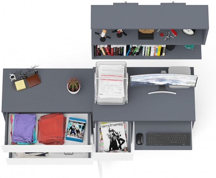 Мори Стол компьютерный МС-1 левый + Комод МК800.1 + Полка 900, цвет графит/белый, ШхГхВ 170,4х50х209,6 см., НЕ универсальная сборка