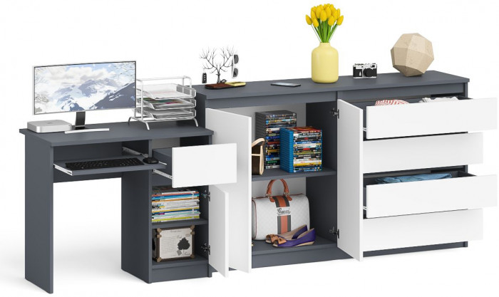 Мори Стол компьютерный МС-1 правый + Комод МК1600.1, цвет графит/белый, ШхГхВ 250,4х50х94 см., выдвижной ящик справа, НЕ универсальная сборка