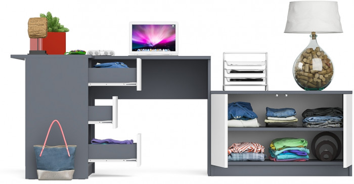 Мори Стол компьютерный МС-16 левый + Тумба МА900.1, цвет графит/белый, ШхГхВ 214,8х84,9х76,6 см., выдвижные ящики слева, НЕ универсальная сборка