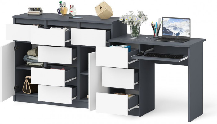 Мори Стол компьютерный МС-6 левый + Комод МК1200.4, цвет графит/белый, ШхГхВ 210,4х50х94 см., выдвижные ящики слева, НЕ универсальная сборка