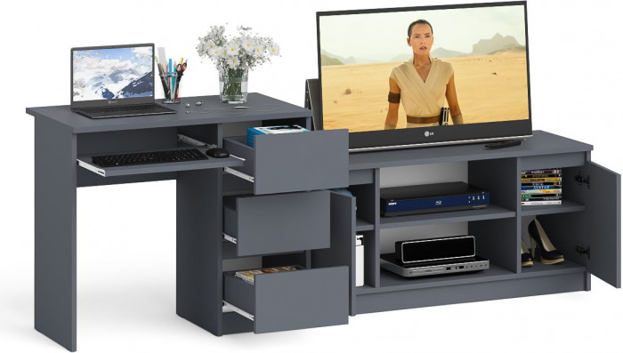 Мори компьютерный стол МС-6 правый + Тумба МТВ1200.1, графит