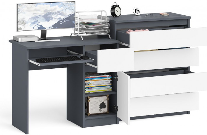 Мори Стол компьютерный МС-1 правый + Комод МК800.4, цвет графит/белый, ШхГхВ 170,4х50х94 см., выдвижной ящик справа, НЕ универсальная сборка