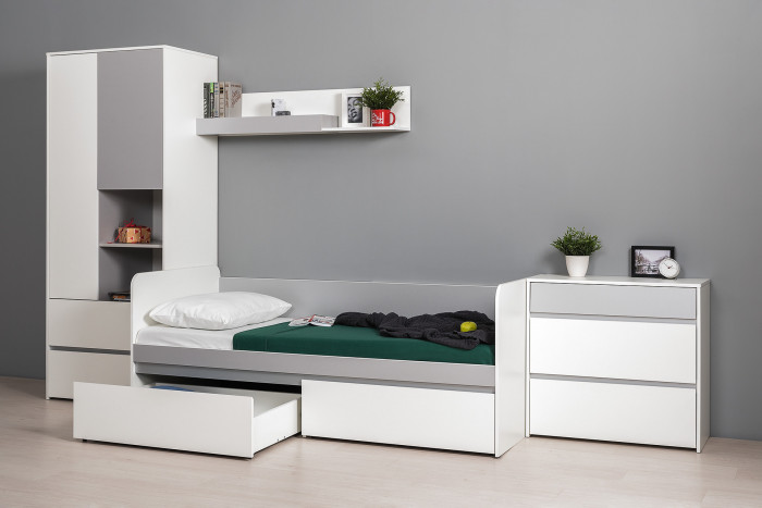 Торонто Компоновка № 19, цвет белый шагрень/стальной серый, ШхГхВ 354х84,4х195,7 см., сп. м. 800х1900 мм., б/м, основание есть, универсальная сборка