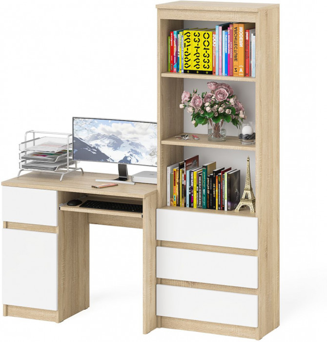 Мори компьютерный стол МС-1 левый + Стеллаж МСТ600.3, дуб сонома/белый