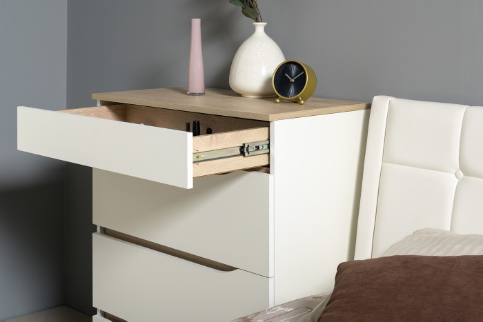 Муссон Кровать 11.28 + подъёмный ортопед + Тумба 16.03 + Комод 13.97 + Зеркало СВК, цвет белый/дуб эндгрейн элегантный/кожзам белый, 1600х2000 мм, б/м