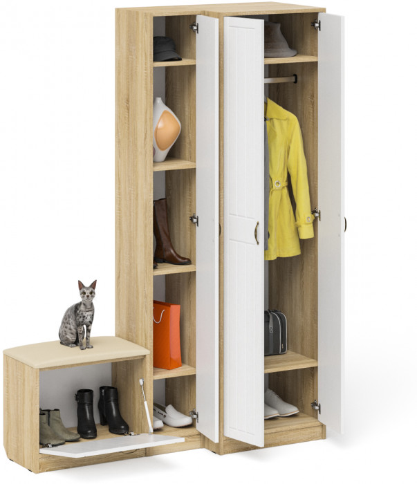 Прихожая П-6 Компоновка № 25, цвет дуб сонома/фасады МДФ белое дерево фрезеровка прованс, ШхГхВ 150х50х210 см., универсальная сборка