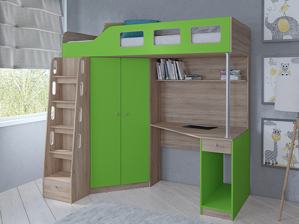 Кровать чердак Астра 7 Сонома/Салатовый