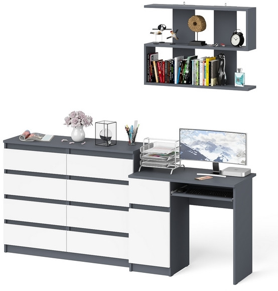 Мори компьютерный стол МС-1 левый + Комод МК1200.8 + Полка 900, графит/белый