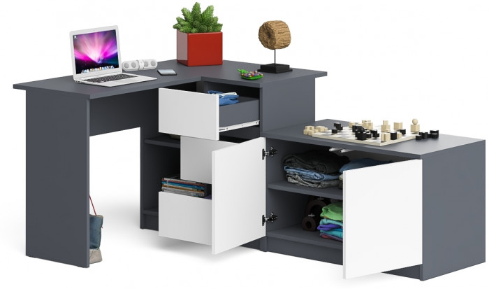 Мори компьютерный стол МС-16 правый + Тумба МА900.1, графит/белый