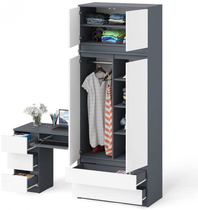 Мори компьютерный стол МС-6 левый + Шкаф МШ900.1 + Антресоль МА900.1, графит/белый