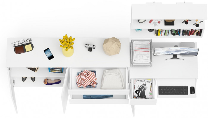 Мори Стол компьютерный МС-1 левый + Комод МК1600.1 + Полка 900, цвет белый, ШхГхВ 250,4х50х209,6 см., НЕ универсальная сборка