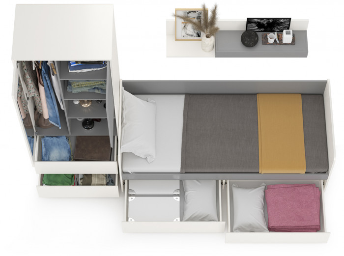 Торонто Компоновка № 20, цвет белый шагрень/стальной серый, ШхГхВ 274х84,4х195,7 см., сп. м. 800х1900 мм., б/м, основание есть, универсальная сборка