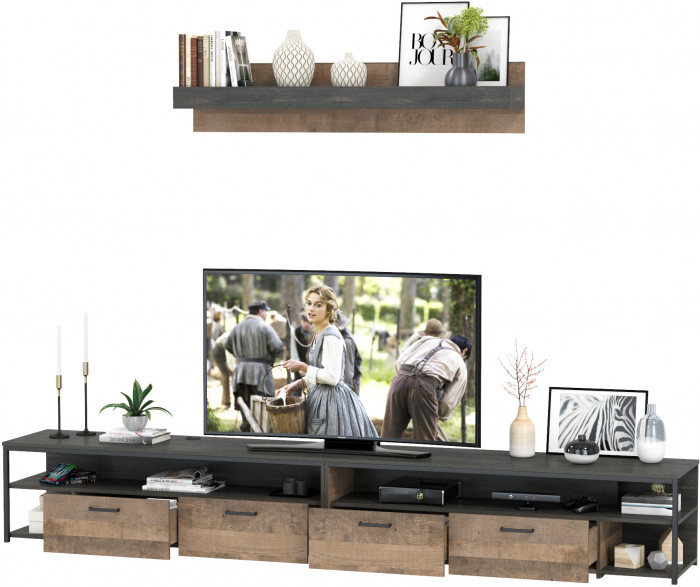 Трувор 13.70 Тумба под ТВ + 13.70 Тумба под ТВ + 15.60 Полка, цвет дуб гранж песочный/интра, ШхГхВ 299,6х45,4х195 см., универсальная сборка