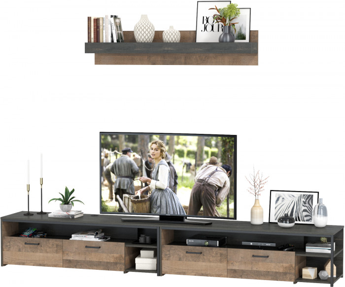 Трувор 13.70 Тумба под ТВ + 13.70 Тумба под ТВ + 15.60 Полка, цвет дуб гранж песочный/интра, ШхГхВ 299,6х45,4х195 см., универсальная сборка