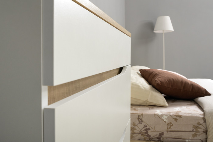 Муссон Кровать 11.28 + подъёмный ортопед + Тумба 16.03 + Комод 13.97, цвет белый/дуб эндгрейн элегантный/кожзам белый, сп. м. 1600х2000 мм., б/м