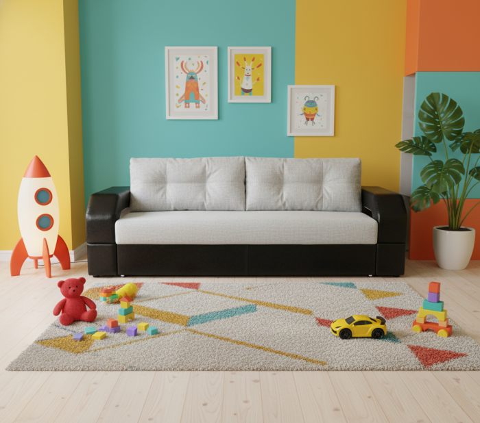 Диван-еврокнижка Манчестер, пружинный блок, 150х195,  рогожка/экокожа серый