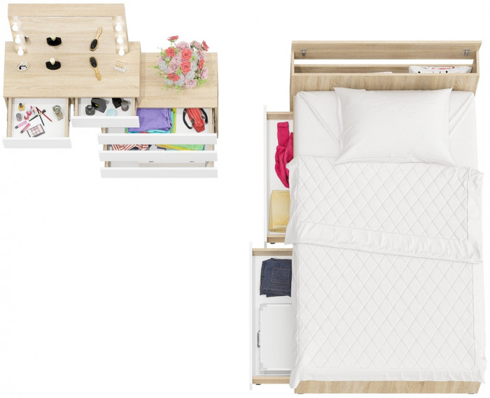 Ксения Кровать с ящиками 1200 + Стол косметический с подсветкой 110, дуб сонома/белый